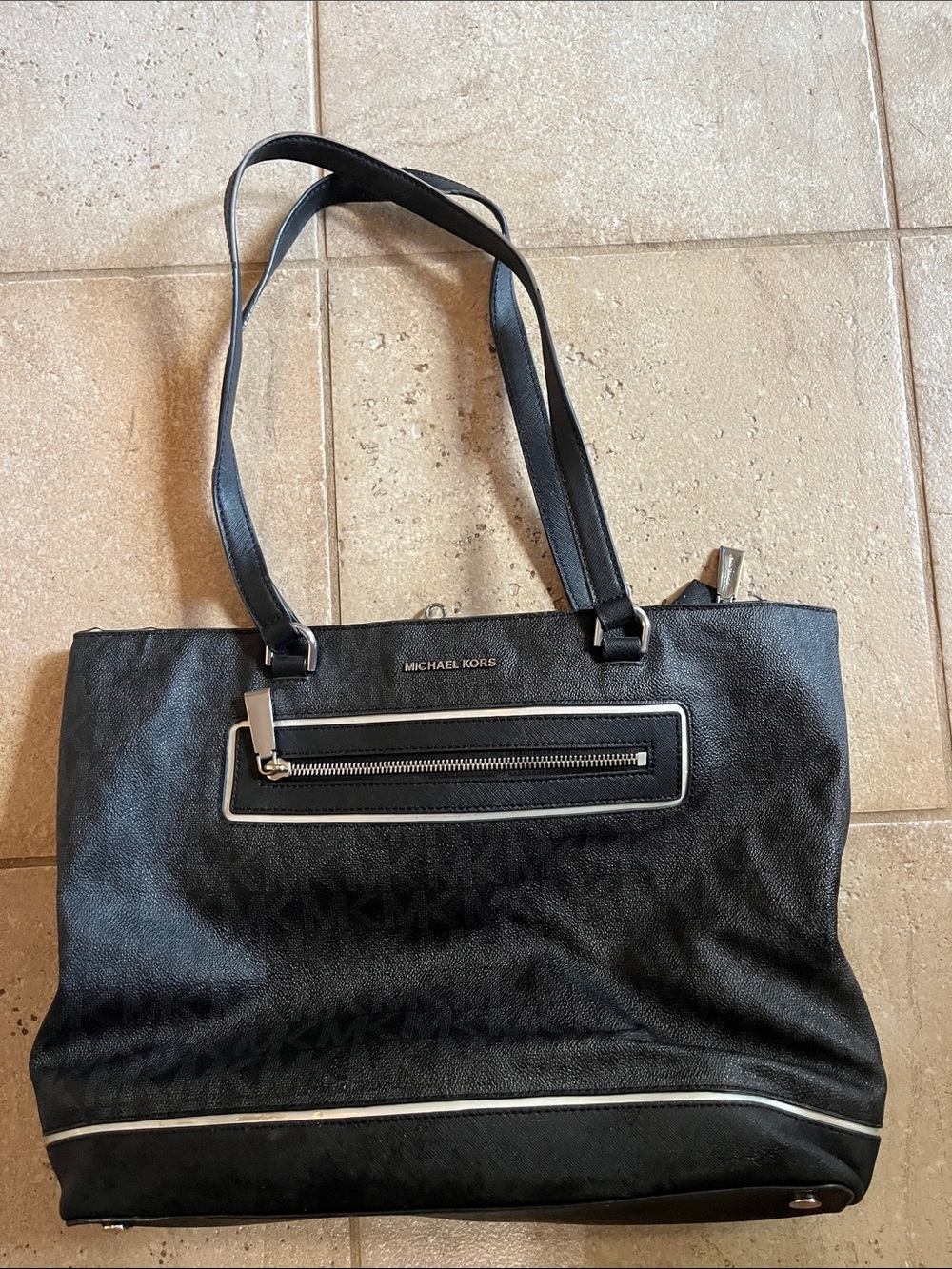 Michael Kors Black Tote with Front Zip Accent and Silver Trim